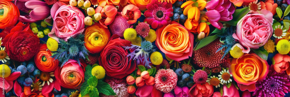 Poster a cluster of colorful flowers displayed on a wall, creating a vibrant and decorative focal point in 
