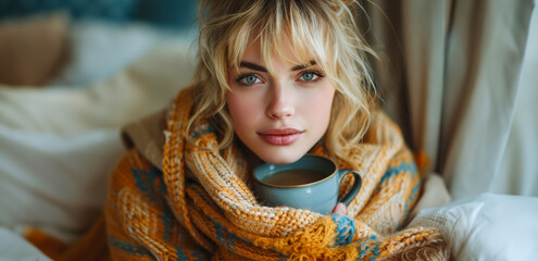 Cozy morning vibes with a beautiful woman sipping coffee