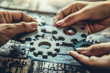 Hands piecing together a puzzle of gears, teamwork and synergy in problem-solving to grasp intricate concepts effectively. - obrazy, fototapety, plakaty