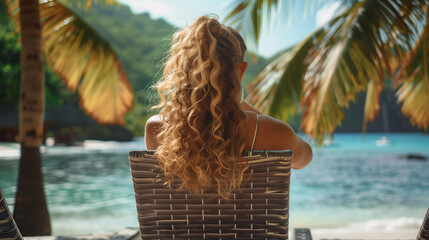 Beautiful curly hair woman sitting and relaxing on tropical beach holiday resort enjoying the warmth of sunlight, back view portrait