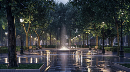 Obraz premium Benches and trees in a park illuminated by streetlights on a rainy night