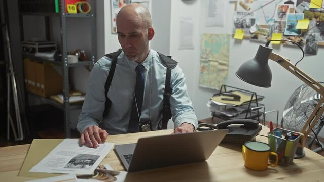 A bald detective man works at his office desk surrounded by investigation evidence and a laptop.