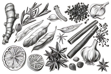 Drawing Black white ink style set of spices commonly used in Thai cuisine on white background. Clipping path included.
