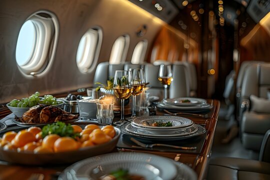 Elegant Private Jet Dining Experience with a View. Concept Luxury Dining, Private Jet, Fine Dining Experience, Scenic Views