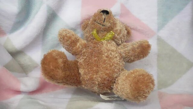 Stuffed and fluffy teddy toy brown bear falls on a soft baby blanket. Slow motion.