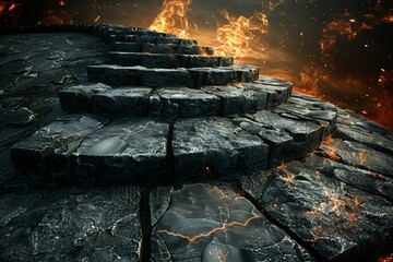 A pathway paved with stone bricks, each engraved with fluctuating stock market graphs, leading into a fiery abyss, symbolizing the risky descent into financial hell - obrazy, fototapety, plakaty