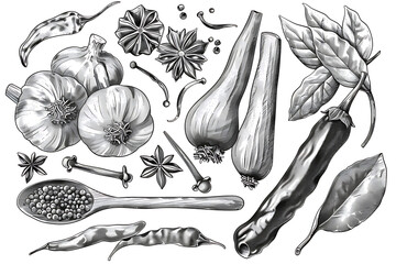Drawing Black white ink style set of spices commonly used in Thai cuisine on white background. Clipping path included.