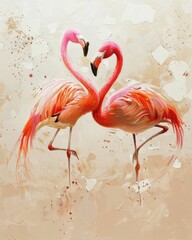 A pair of dancing flamingos, their pink feathers a contrast against the white, with sand accents highlighting grace