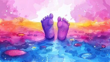 Capture the innocence and joy of a babys first steps in a detailed watercolor painting, showcasing tiny, chubby feet in an aerial view Combine vibrant colors to bring out the happiness radiating from