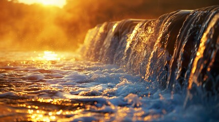 A waterfall at sunset, with the golden light reflecting off the water, creating a warm and tranquil atmosphere.