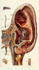 An anatomical illustration of a dogs ear, showcasing the inner workings that allow for its wide range of hearing