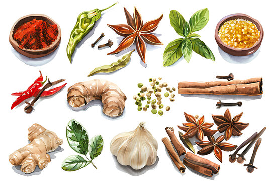 Watercolor painting realistic set of spices commonly used in Thai cuisine on white background. Clipping path included.