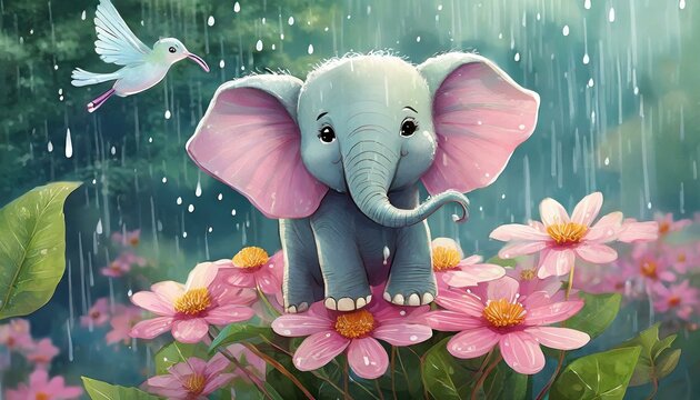 a high definition image of raining scenery where a happy baby elephant is on a pink flower with hummingbird