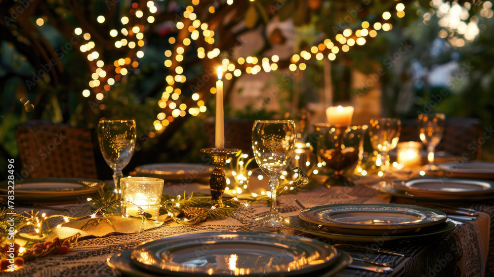 Poster dinner table elegantly set with glowing candles and pristine plates, creating a warm and inviting am
