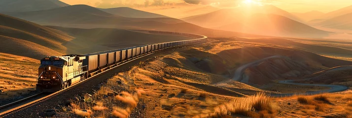 Fotobehang A freight train traverses a remote mountain pass, its cargo containers casting shadows under a golden sunset. © Degimages