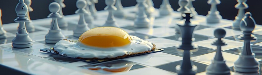 Create an image of a fried egg and a graphic card engaged in a game of chess on a white chessboard, with each piece representing a different computer component - obrazy, fototapety, plakaty