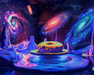 Create an image of a giant donut being served on a cosmic platter, surrounded by swirling galaxies in a blacklight painting
