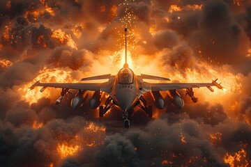 Fiery Jet Ascent - A Blaze Among Clouds. Concept Airshows, Jet Fighters, High-speed Excitement, Aerobatic Maneuvers, Spectacular Aerial Stunts - obrazy, fototapety, plakaty