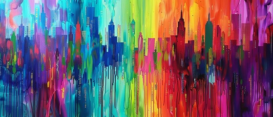 Generate a drip painting depicting a vibrant cityscape from the 90s, with skyscrapers rising amidst a sea of colorful frequencies, symbolizing economic prosperity