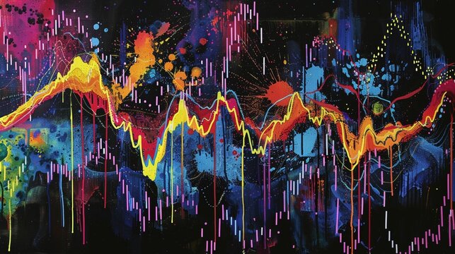 Envision a colorful frequency chart representing the fluctuations of the stock market during the 90s, depicted in a drip painting style