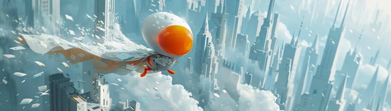 Generate a digital painting of a fried egg superhero, wearing a cape made of graphic cards, soaring through a white cityscape