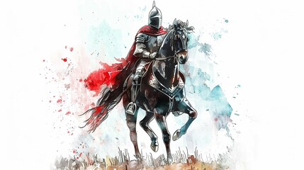 Horse knight standing proud in armor, illustrated in watercolor against a white backdrop - obrazy, fototapety, plakaty