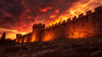 Fototapeta premium Citadel defenses against fiery evening sky