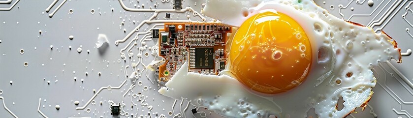 Picture a fried egg cracking open to reveal a circuit board inside, with graphic cards scattered around on a white surface