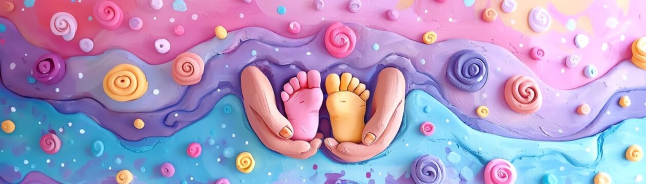 Craft a touching traditional clay sculpture depicting the tender moment of a babys feet in their parents hands, symbolizing the support and care within a loving family Show intricate details to convey