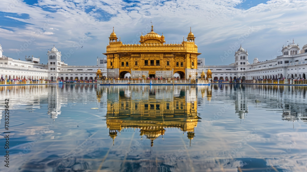 Poster a golden building is mirrored in the water, creating a striking visual reflection