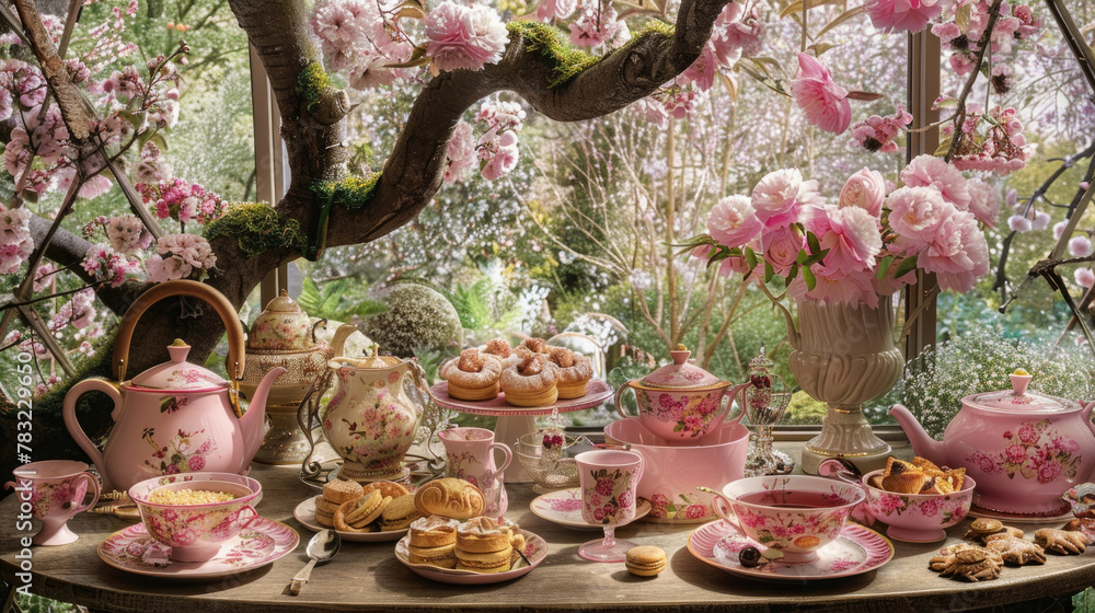 Poster a table is filled with numerous pink plates and cups arranged neatly, creating a colorful and vibran
