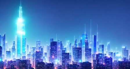 A futuristic city skyline with tall buildings and bright lights illuminating the sky. The buildings are made of glass