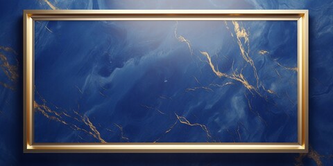 青いマーブル柄背景と金色の四角い枠。エレガントで美しい抽象横長テンプレート