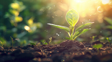 Small green plant emerging from the soil, displaying the natural process of growth and development - obrazy, fototapety, plakaty