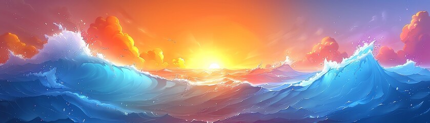 Create a stunning traditional oil painting of a distant view of a solitary blue ocean wave at sunset Emphasize the deep shades of blue of the wave contrasting with the warm, golden tones of the sun se - obrazy, fototapety, plakaty