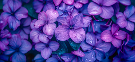 Close-up of purple hydrangea flowers with morning dew