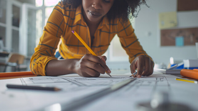 an individual architect engrossed in the process of drafting architectural blueprints