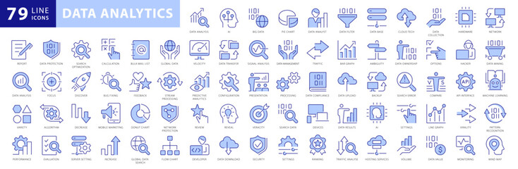Data analytics icon set. Data Analysis Technology Symbols Concepts. With Concepts like data security, analytics, Mining, network, server, Monitoring Icons. Dual Colors Flat Icons Vector Collection