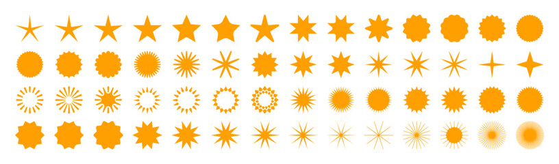 Set of orange starburst. Price sticker, sale sticker, price tag, starburst, quality mark, retro stars, sale or discount sticker, sunburst badges, sun ray frames, promotional badge set, shopping labels - obrazy, fototapety, plakaty