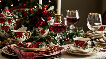 A dining table decorated for a festive Christmas dinner, featuring red wine glasses and a selection of holiday dishes