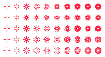 Collection red stars stickers and badges for promotion.Starburst stickers set - a collection of round and oval bright labels and buttons with promotional offers isolated on a white background - obrazy, fototapety, plakaty