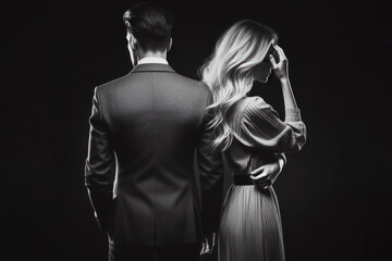 photo of man and woman stand with their backs to each other, divorce concept on black background