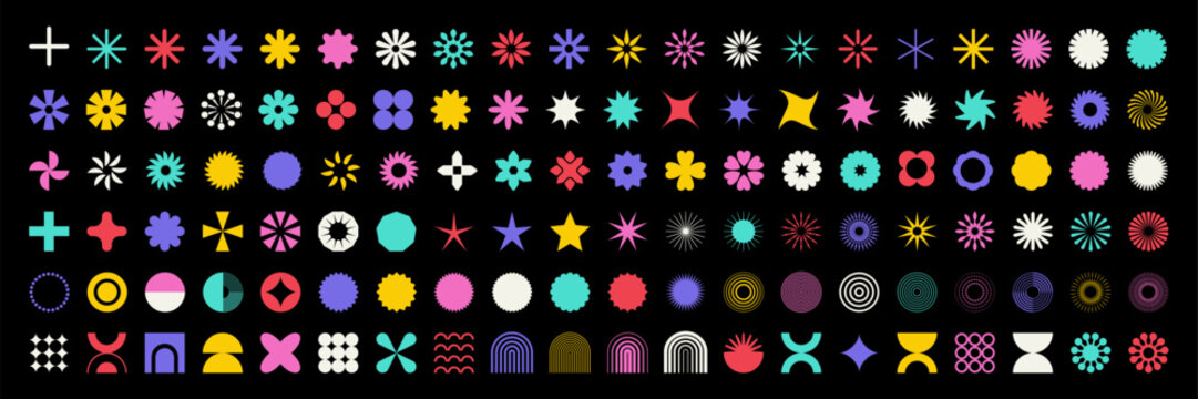 Geometric abstract flower shape set, star figure vector icon kit, funky retro brutal minimal art. Simple Memphis y2k elements collection, floral grid flat bauhaus template. Abstract flower forms