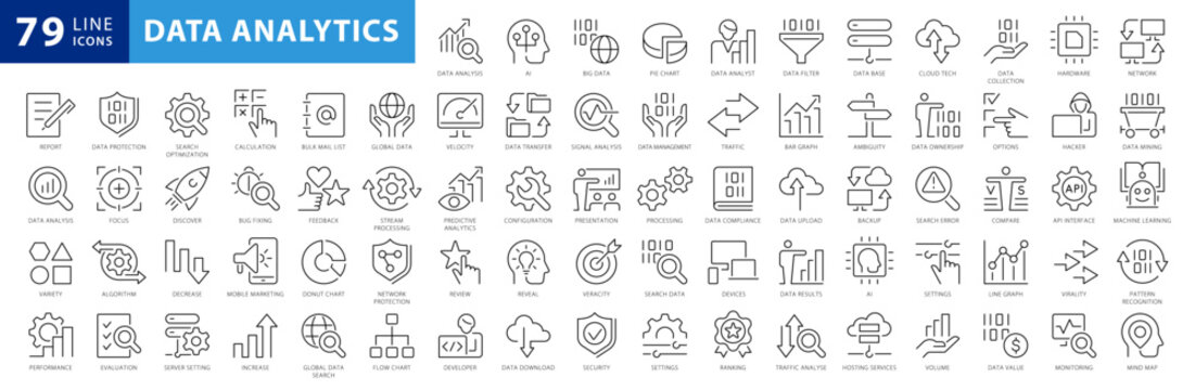 Big data analysis thin line icon set. Data processing outline pictograms for website and mobile app GUI. Digital analytics simple UI, UX vector icons