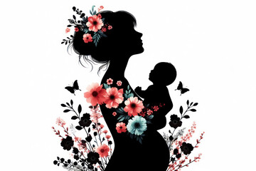 Silhouette of a girl in flowers with a baby in her arms on a white background