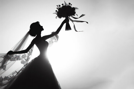 silhouette image of the bride throwing a bouquet on white background