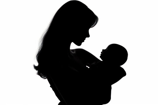Silhouette of a girl with a baby in her arms on a white background