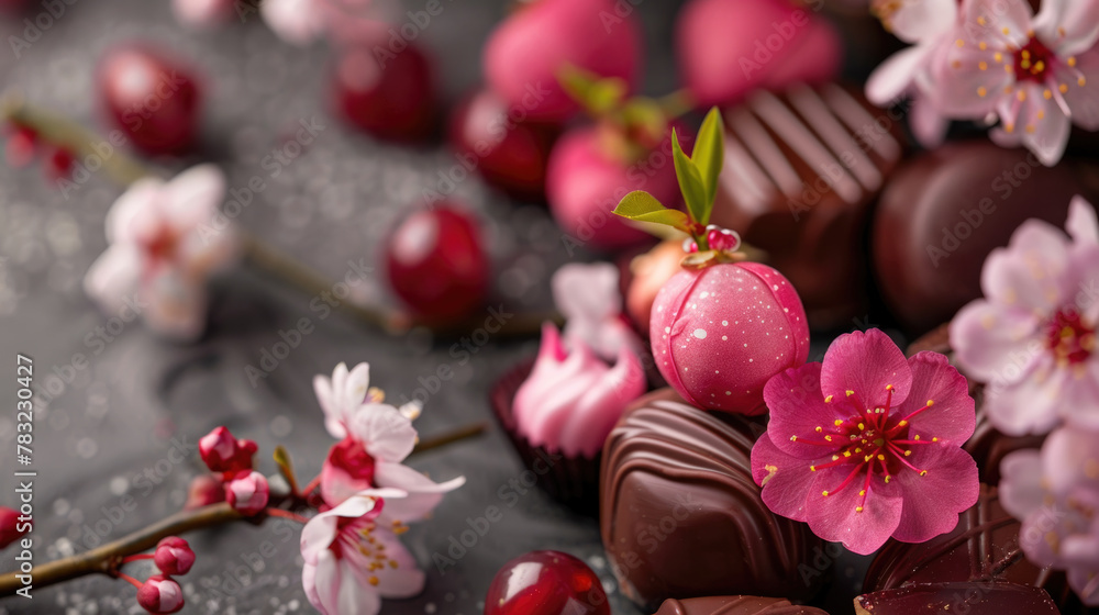 Poster a table covered with an assortment of chocolates topped with delicate edible flowers, creating a vis