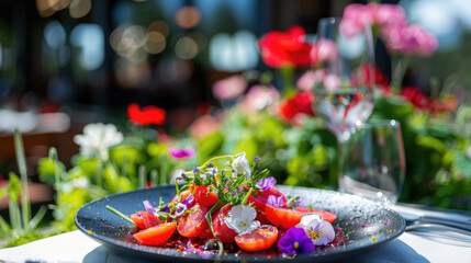 A plate filled with ripe red tomatoes and colorful flowers on a wooden table