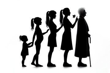 silhouette of the aging process from baby girl to old woman on a white background